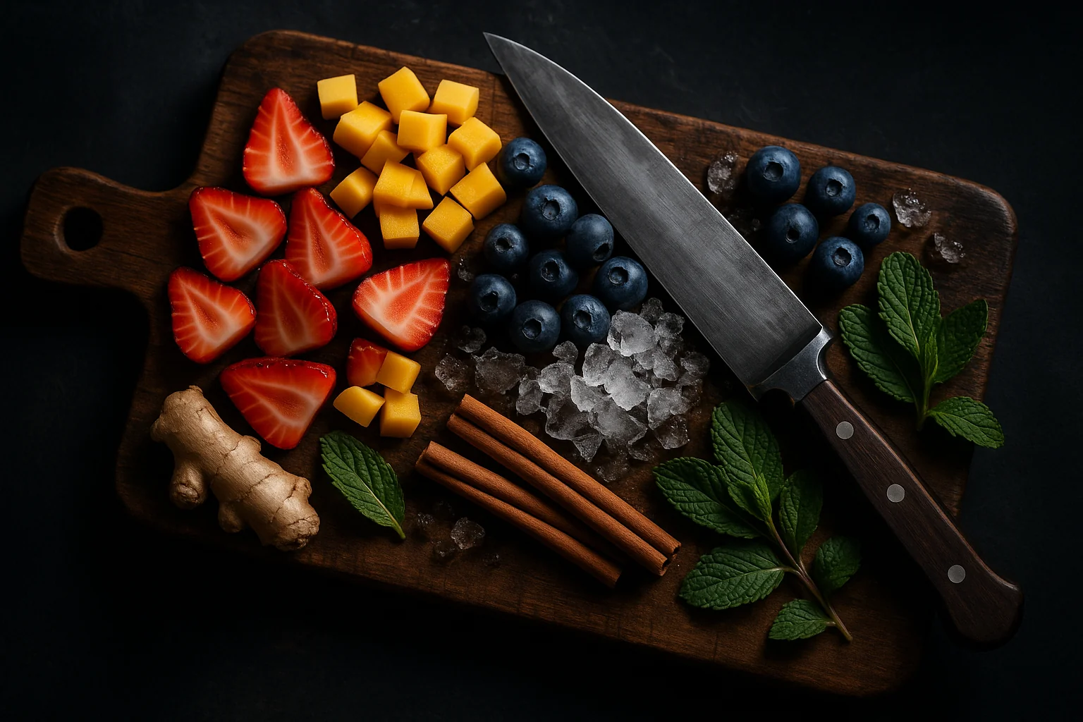 Fresh ingredients on a cutting board with knife