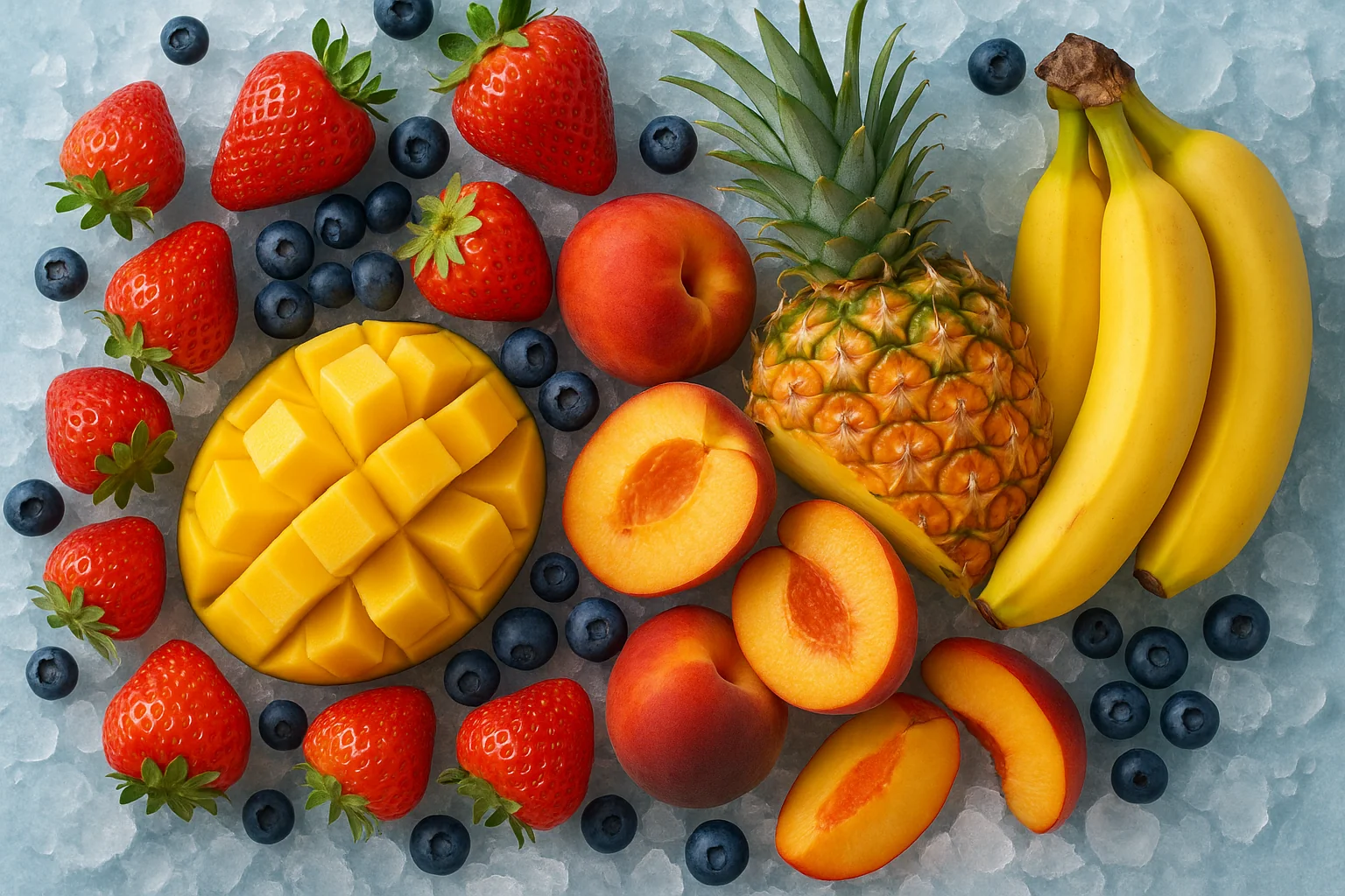 Fresh fruits arranged on crushed ice